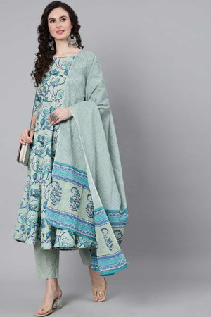Buy Sage Green Floral Printed Pant Suit Set Online - Side