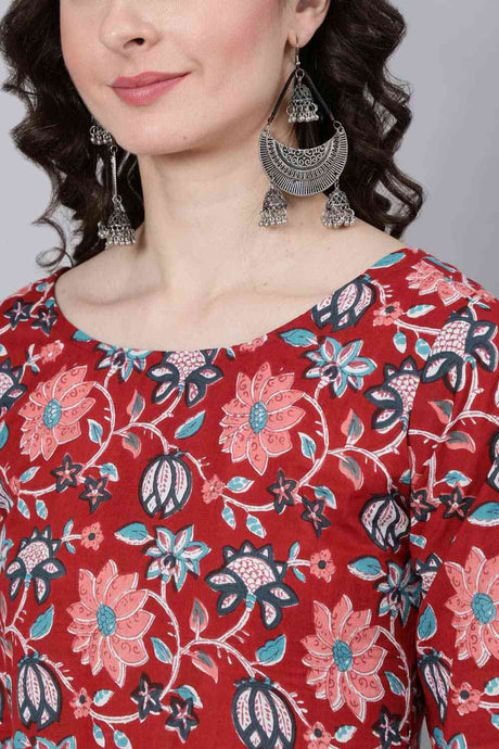 Buy Red Floral Printed Kurta With Trouser & Dupatta Online - Back