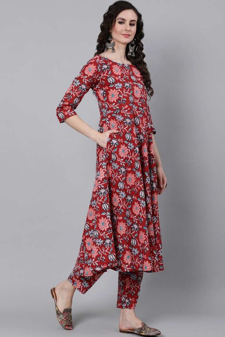 Buy Red Floral Printed Kurta With Trouser & Dupatta Online - Zoom In