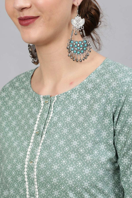 Buy Green Floral Printed Straight Palazzo Suit Set Online - Front