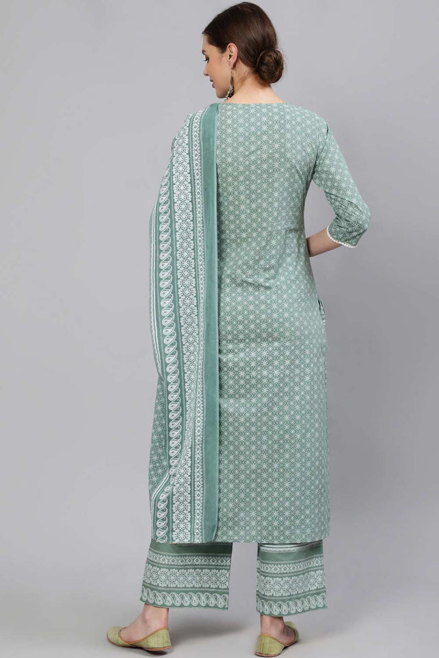 Buy Green Floral Printed Straight Palazzo Suit Set Online - Back