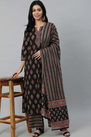 Buy Black Printed Straight Palazzo Suit Set Online