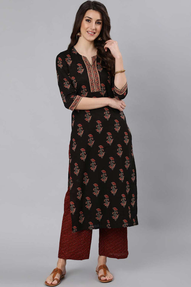 Buy Black Ethnic Cotton Floral Printed Straight Kurta Online - Front