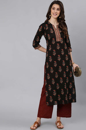 Buy Black Ethnic Cotton Floral Printed Straight Kurta Online