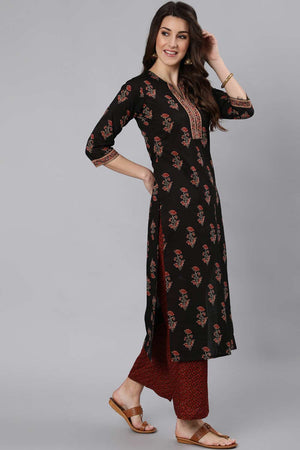 Buy Black Ethnic Cotton Floral Printed Straight Kurta Online - Side