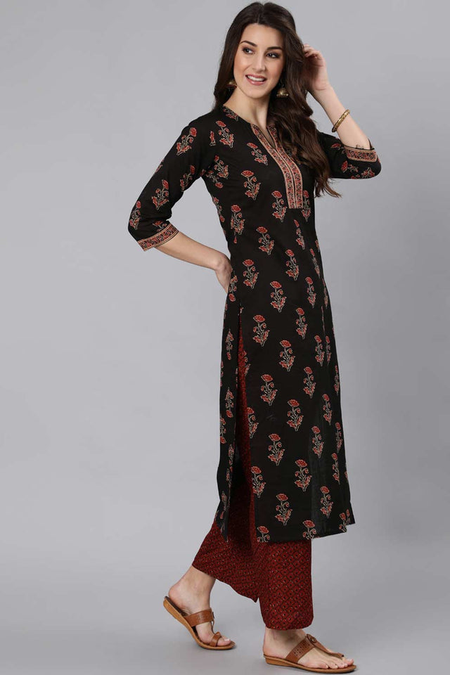 Buy Black Ethnic Cotton Floral Printed Straight Kurta Online - Side