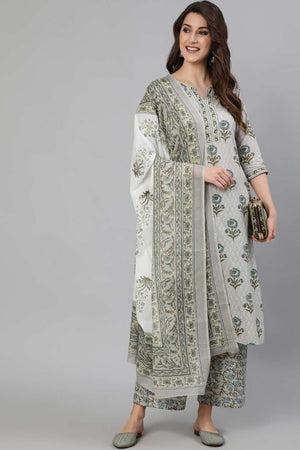 Buy Grey Printed Kurta With Palazzo & Dupatta Online