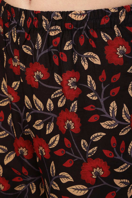 Buy Black And Maroon Floral Printed Pant Suit Set Online - Front