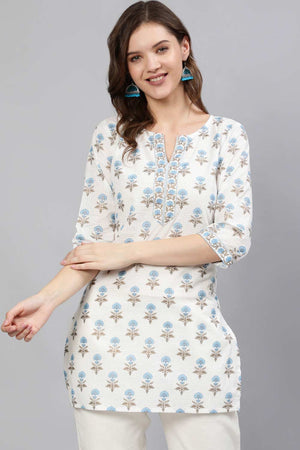 Buy Off-White Cotton Floral Printed Straight Tunic Online