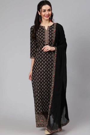 Buy Black Ethnic Printed Straight Palazzo Suit Set Online - Back