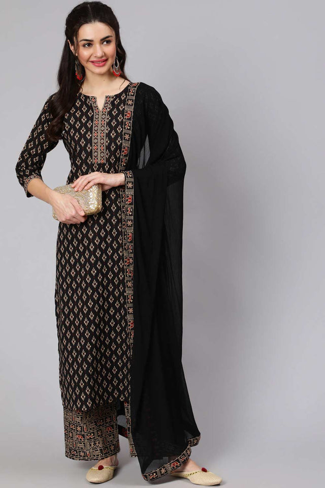 Buy Black Ethnic Printed Straight Palazzo Suit Set Online