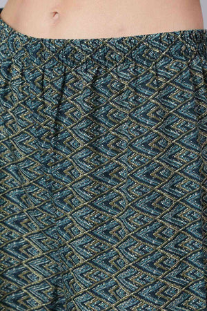 Buy Teal Blue Cotton Printed Ethnic Kurta With Palazzo Online - Front