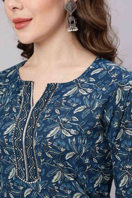 Buy Blue Cotton Printed Straight Kurta With Trouser Online - Front