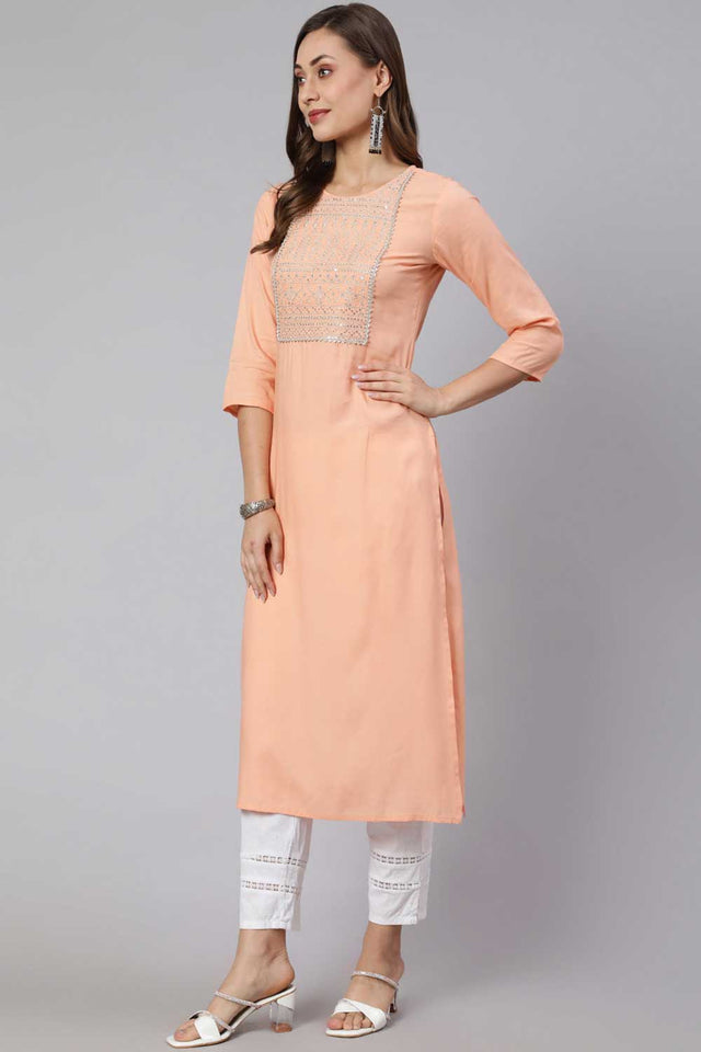 Buy Peach Rayon Embroidered Straight Kurta Online - Front