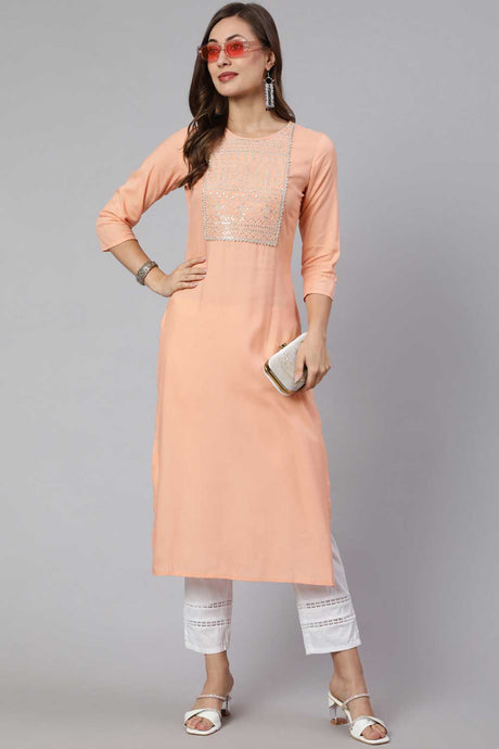 Buy Peach Rayon Embroidered Straight Kurta Online