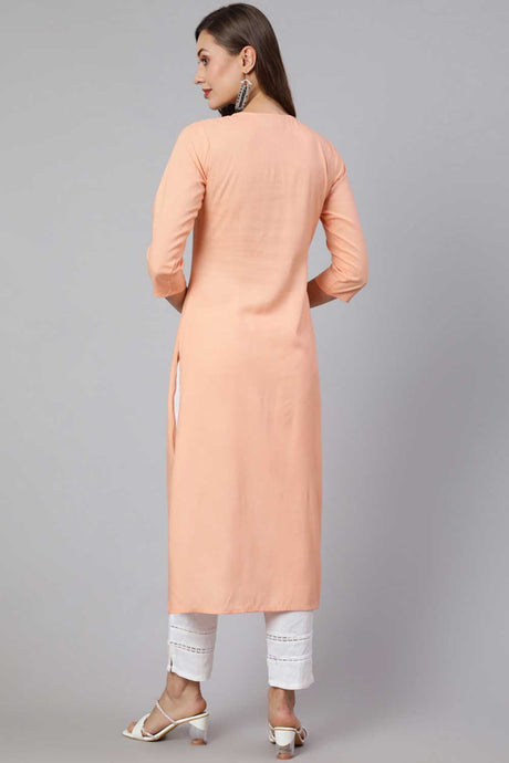 Buy Peach Rayon Embroidered Straight Kurta Online - Side