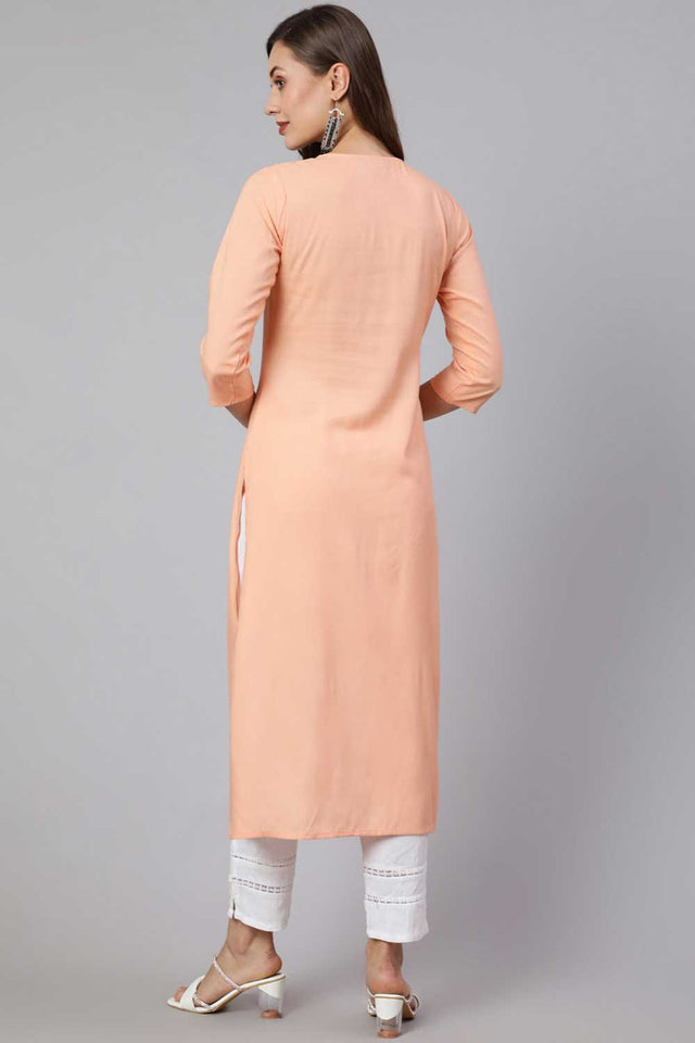 Buy Peach Rayon Embroidered Straight Kurta Online - Side