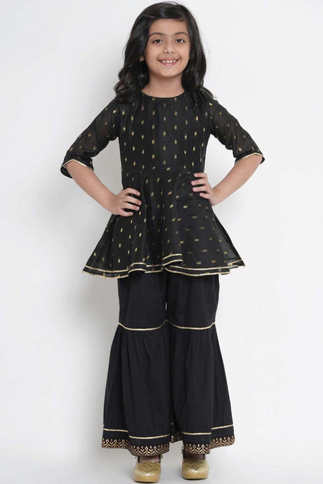 Buy Girl's Black And Gold-Coloured Woven Design Kurta With Sharara Online