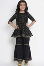 Buy Girl's Black And Gold-Coloured Woven Design Kurta With Sharara Online