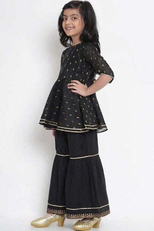 Buy Girl's Black And Gold-Coloured Woven Design Kurta With Sharara Online - Back