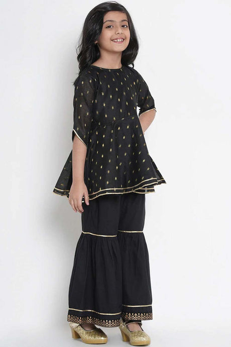 Buy Girl's Black And Gold-Coloured Woven Design Kurta With Sharara Online - Front