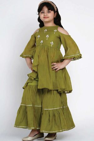 Buy Girl's Green Embroidered Kurti With Sharara Online - Back