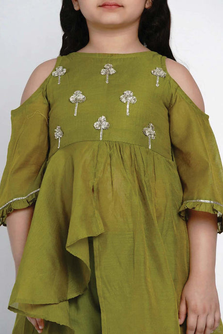 Buy Girl's Green Embroidered Kurti With Sharara Online - Zoom In