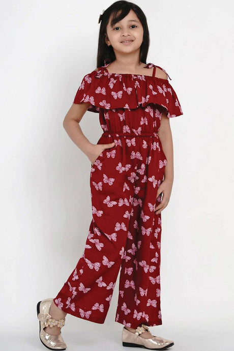 Buy Girl's Maroon And White Printed Basic Jumpsuit Online - Front