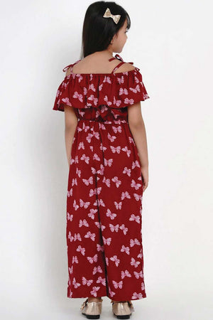 Buy Girl's Maroon And White Printed Basic Jumpsuit Online - Side
