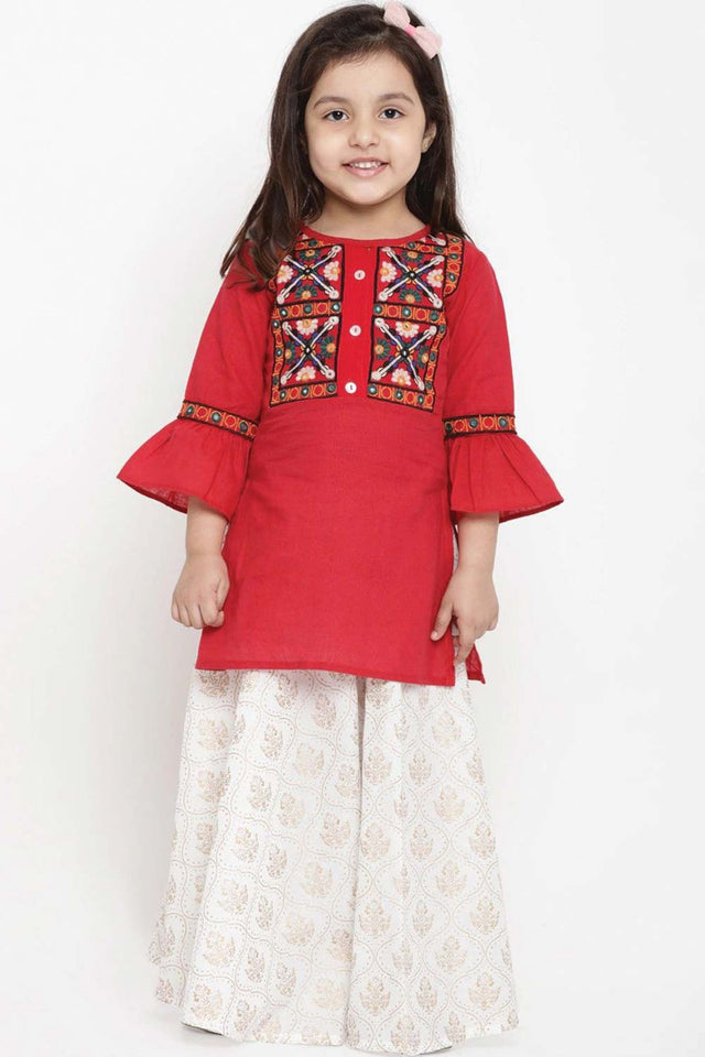Buy Girl's Red And White Embroidered Tunic With Skirt Online