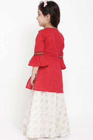 Buy Girl's Red And White Embroidered Tunic With Skirt Online - Back