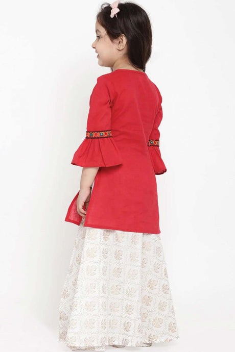 Buy Girl's Red And White Embroidered Tunic With Skirt Online - Back