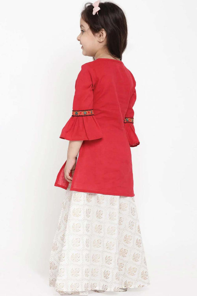 Buy Girl's Red And White Embroidered Tunic With Skirt Online - Back