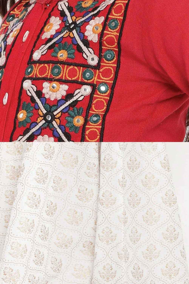 Buy Girl's Red And White Embroidered Tunic With Skirt Online - Front