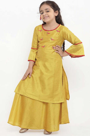 Buy Girl's Yellow Embroidered Kurti With Skirt Online - Back