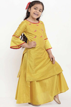 Buy Girl's Yellow Embroidered Kurti With Skirt Online - Front