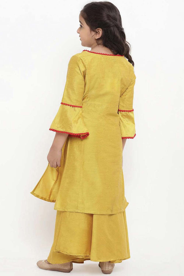 Buy Girl's Yellow Embroidered Kurti With Skirt Online - Side
