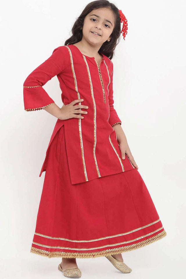 Buy Girl's Red Striped Kurta With Palazzos Online - Front
