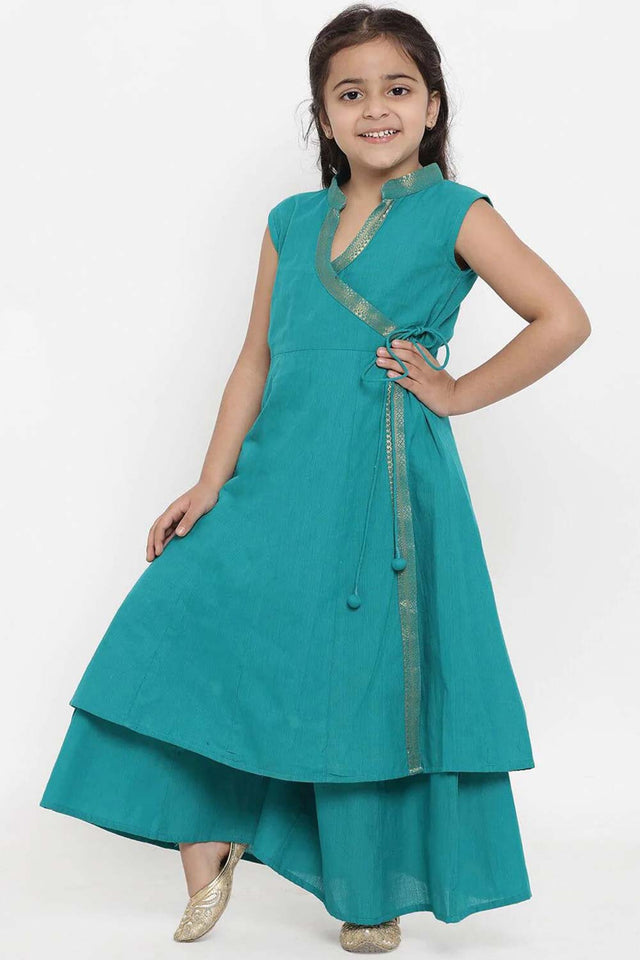 Buy Girl's Green Solid Kurta With Palazzos Online - Back