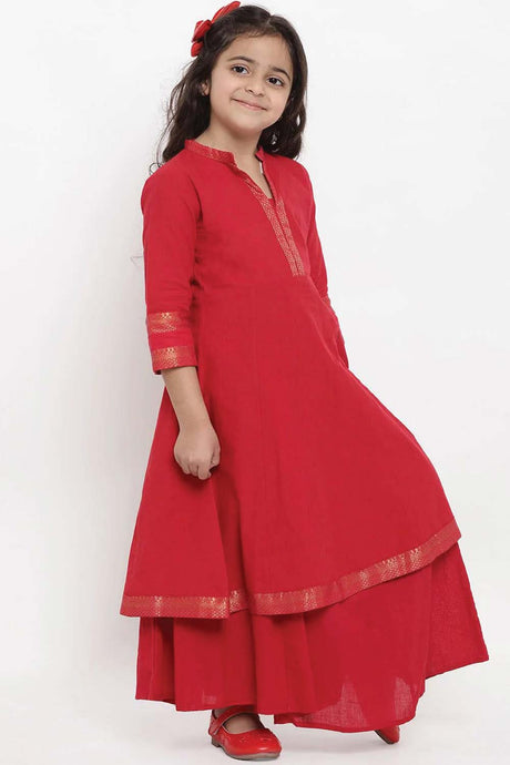 Buy Girl's Red Self Design Kurta With Palazzos Online - Front