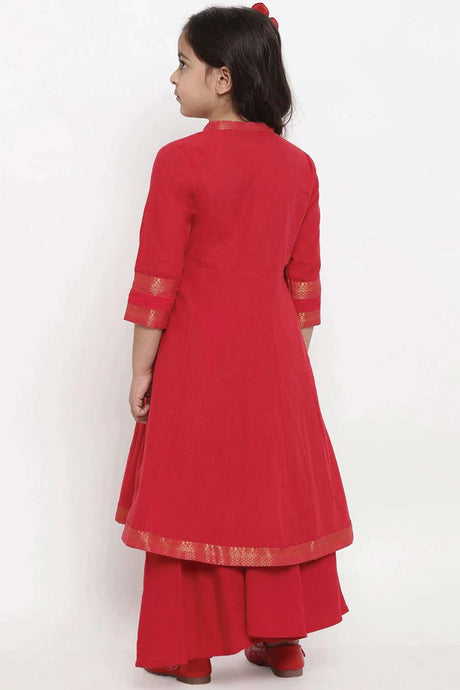 Buy Girl's Red Self Design Kurta With Palazzos Online - Side