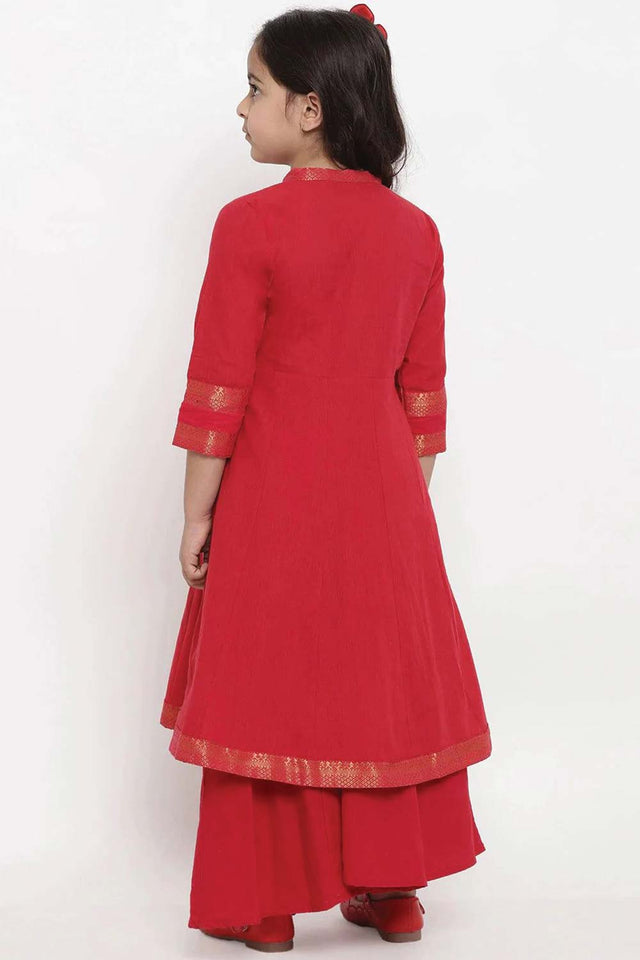 Buy Girl's Red Self Design Kurta With Palazzos Online - Side