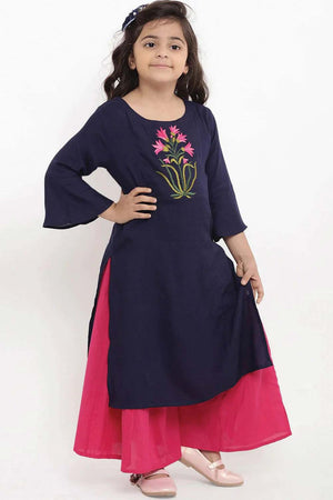 Buy Girl's Blue Embroidered Kurti With Palazzos Online - Front