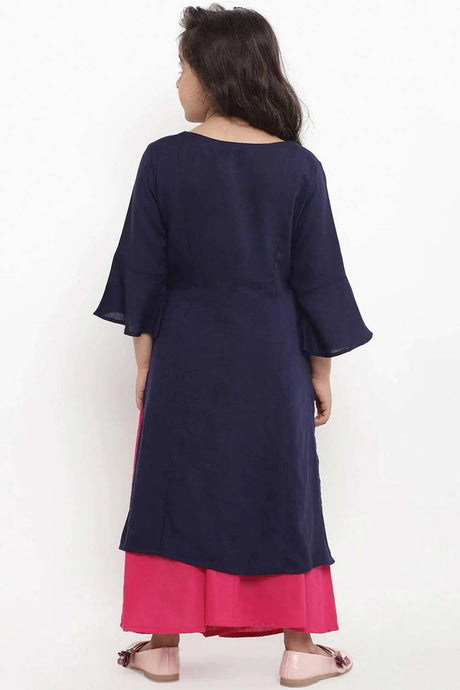 Buy Girl's Blue Embroidered Kurti With Palazzos Online - Side