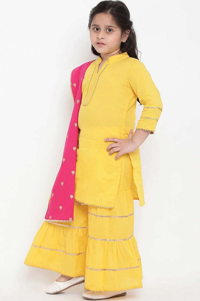 Buy Girl's Yellow And Pink Solid Kurti With Palazzos And Dupatta Online - Back