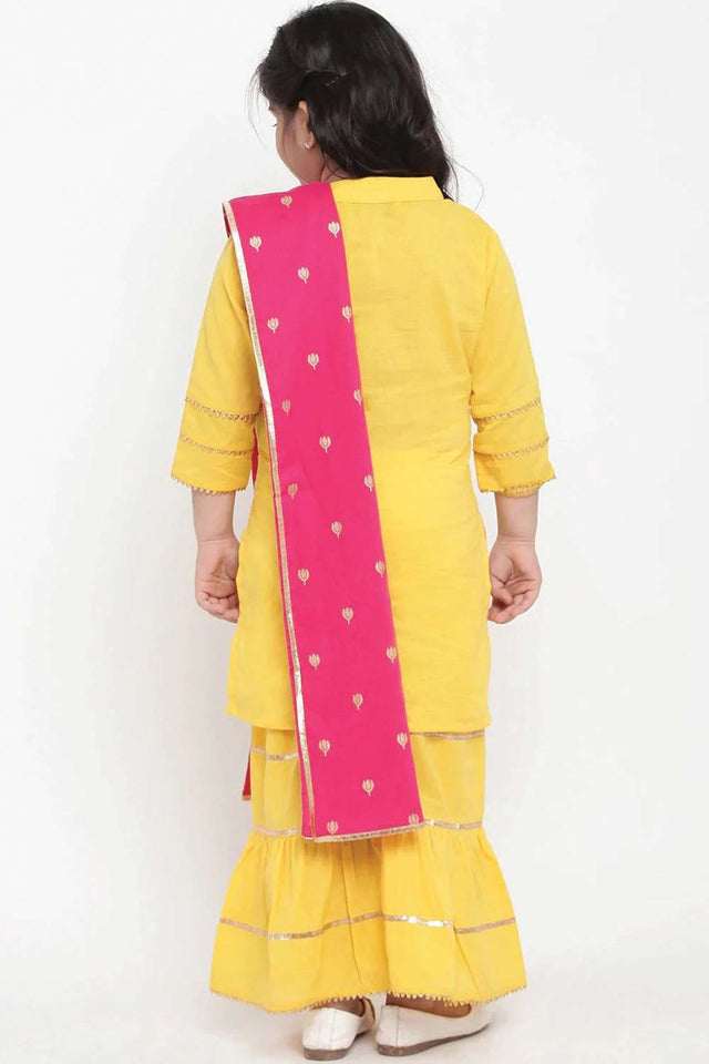 Buy Girl's Yellow And Pink Solid Kurti With Palazzos And Dupatta Online - Side