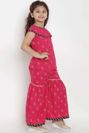 Buy Girl's Pink And Gold-Toned Printed Top With Palazzos Online - Front