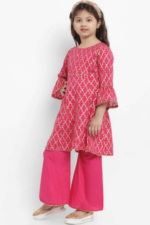 Buy Girl's Fuchsia Printed Kurta With Palazzos Online - Back