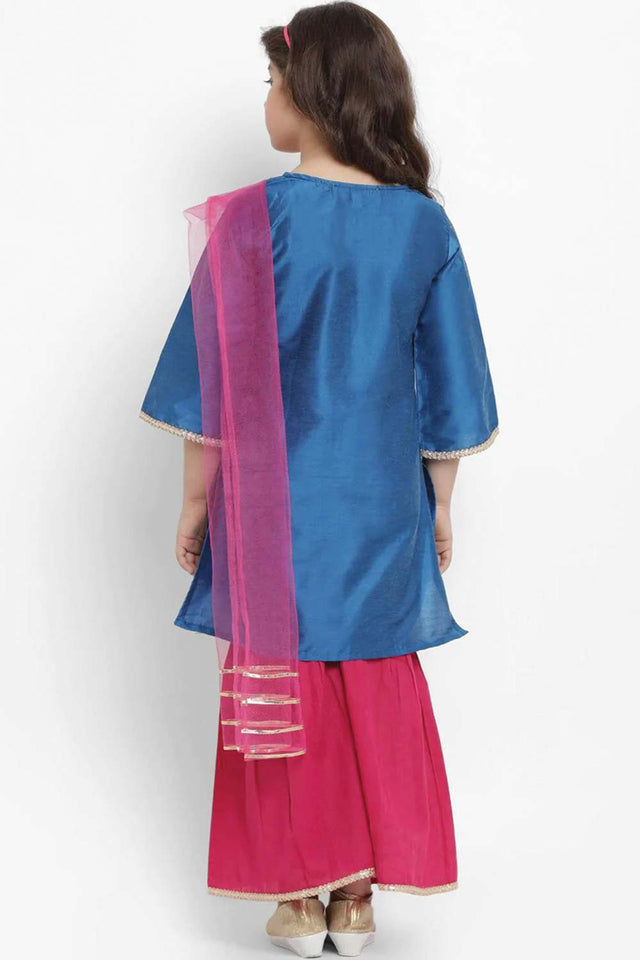 Buy Girl's Blue And Fuchsia Solid Kurta With Palazzos Online - Front
