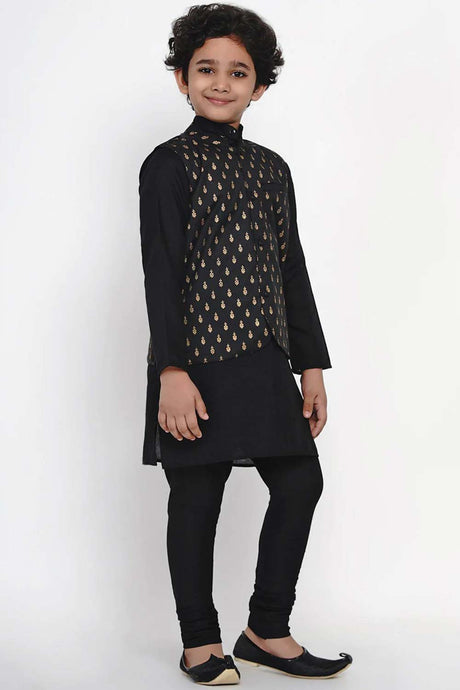 Buy Boy's Black Kurta Pajama Set with Black Waistcoat Set Online - Front